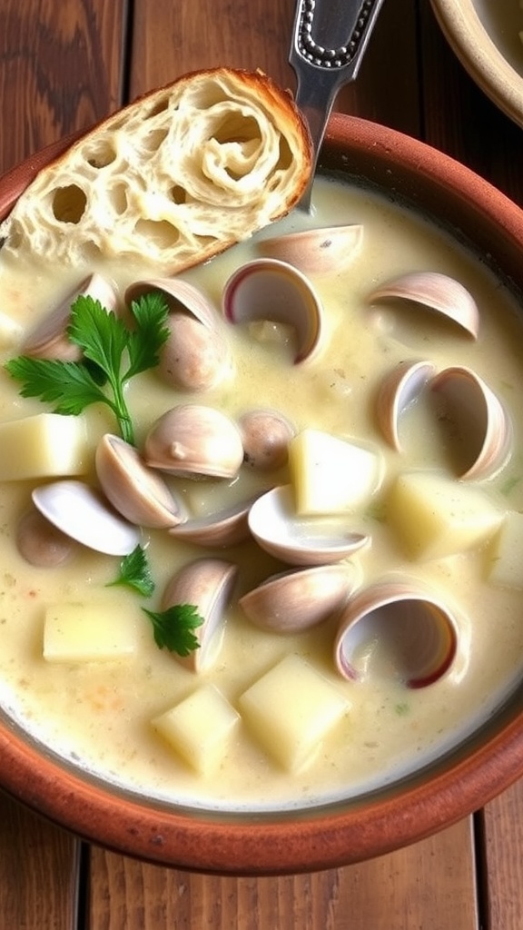 A bowl of creamy clam chowder with clams and potatoes, garnished with parsley, on a rustic table with bread.